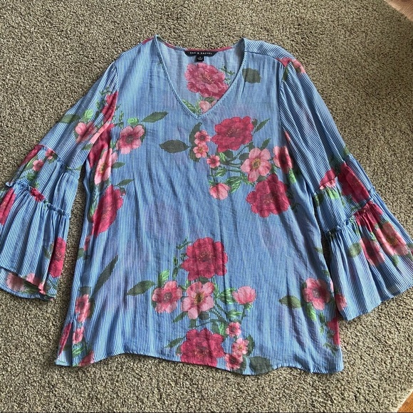 Zac & Rachel Women’s Small Blouse Floral On  Blue White Strips - Picture 3 of 8